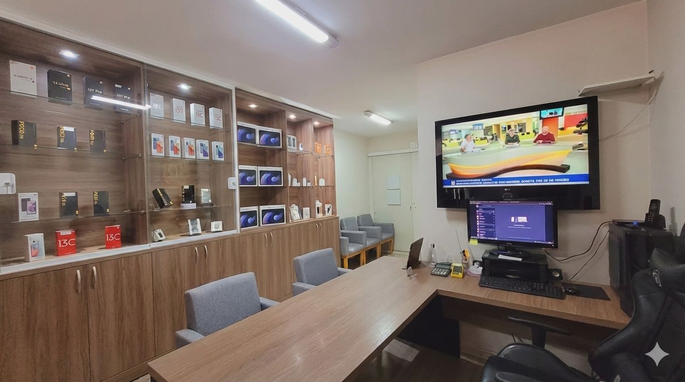 Interior da Shopcell – prateleiras com celulares Xiaomi expostos, Curitiba Centro